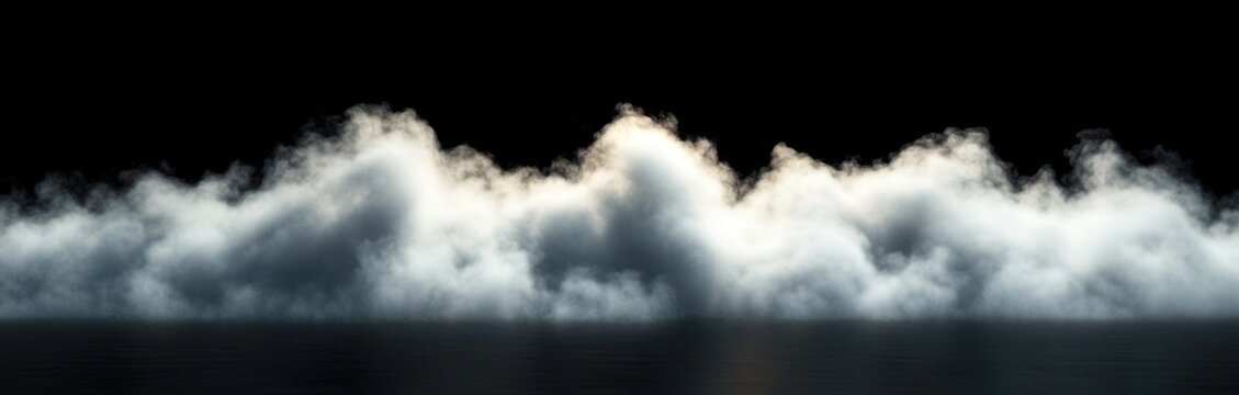 glowing backlit fog bank rolling above a still dark water surface, serene and mysterious