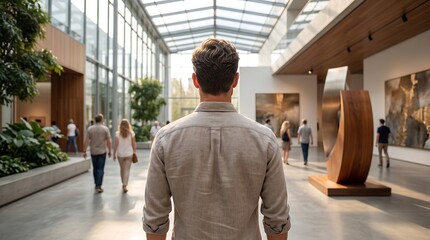 Fototapeta premium Man looking at modern art gallery exhibition hall interior