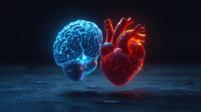 glowing blue brain and fiery red anatomical heart hovering side by side on a dark reflective surface, evoking tension between reason and passion