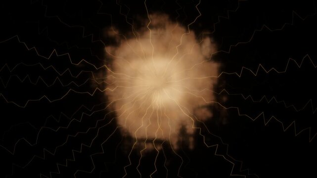 Radiant golden explosion creates an intense electric lightning motion effect with glowing particles expanding outward in this dynamic digital animation.