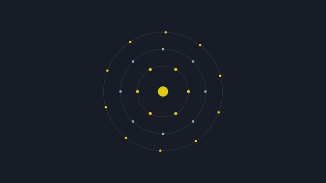 Minimalist abstract orbiting particles animation: rotating solar system concept with glowing dots and concentric circles on dark 4k background