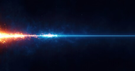 Fototapeta premium Fiery orange explosion meeting icy blue energy beam across a dark starfield, a dramatic tense cosmic clash with a glowing horizontal streak