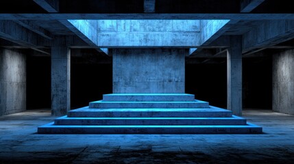 Obraz premium Elevated concrete platform illuminated by striking blue light within a raw industrial structure