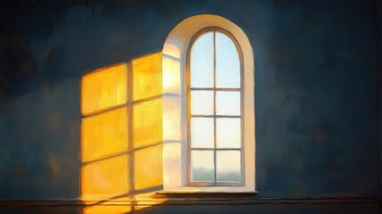 Fototapeta premium sunlit arched window casting warm golden panes and long shadows on a dark blue wall, serene quiet morning mood