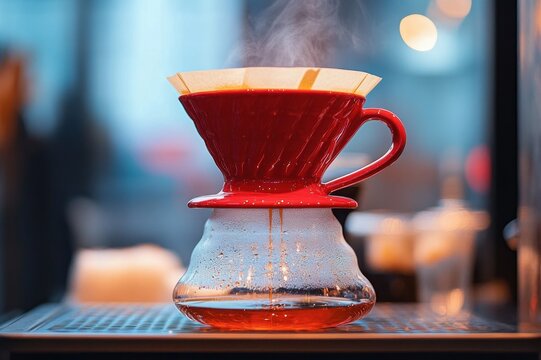 Steaming pour-over coffee with red ceramic dripper and paper filter resting on a glass carafe in a cozy cafe setting