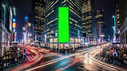Obraz premium Vertical Green Billboard Mockup on Modern City Building at Night