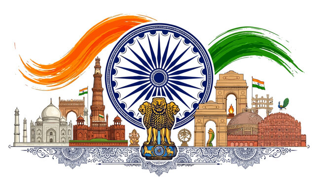 India Independence Day celebration concept with landmarks and national symbols.