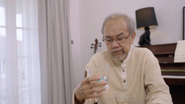 Unhappy Asian senior man sits and looks at pills and antibiotics in a glass with stress in living room at home. Old male needs to take many medicines for his illness. Healthcare for elderly concept. 