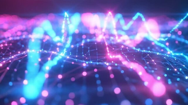 Abstract digital network with glowing blue and pink interconnected points forming waves on a dark background