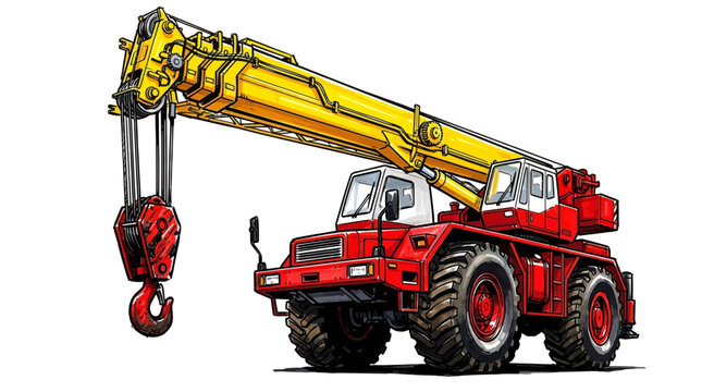 A red and yellow mobile crane truck.