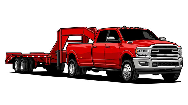 Red pickup truck with flatbed trailer.