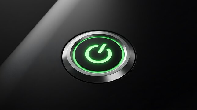 Glowing green power button icon on a sleek black metallic surface, representing technology and energy