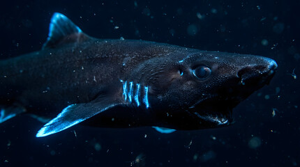 Fototapeta premium Ninja lanternshark glowing blue closeup