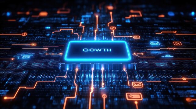futuristic microchip labeled GOWTH on a glowing blue and orange circuit board emitting neon data streams, conveying dynamic optimistic technological growth