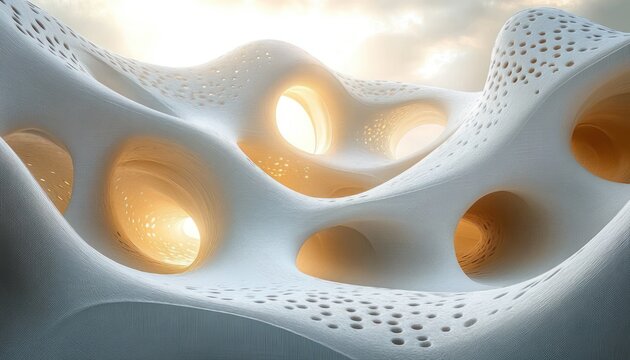 serene white organic structure with smooth undulating surfaces, rounded openings, small perforations and warm glowing interiors under a soft sky, dreamlike and futuristic