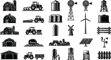 Black and white farming icon set showing tractors agricultural barns windmills storage silos renewable energy equipment with agriculture windmill machinery renewable agronomy cultivation © Kanon Islam