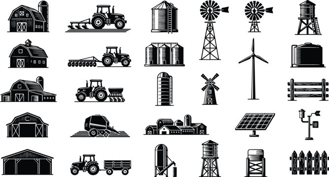 Black and white farming icon set showing tractors agricultural barns windmills storage silos renewable energy equipment with agriculture windmill machinery renewable agronomy cultivation
