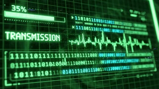 Digital data transmission interface with binary code and progress bar hud overlay png. ai generated