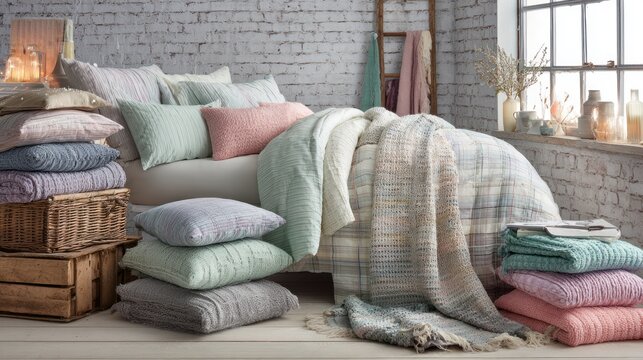 Abundant collection of soft pastel textiles and furnishings arranged invitingly in a rustic interior setting.
