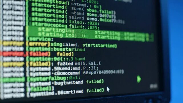Computer screen displaying terminal command line interface with system error logs and programming code scrolling in real-time png. ai generated