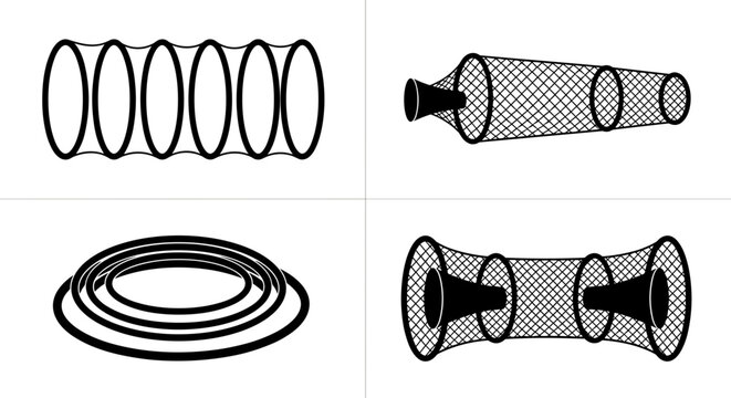 Fishing net silhouettes and various fish trap equipment icons