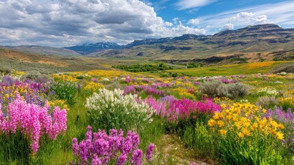 Obraz premium Expansive natural landscape displays a vibrant meadow overflowing with diverse wildflowers set against rolling hills and distant snow-capped peaks under a partly cloudy sky.