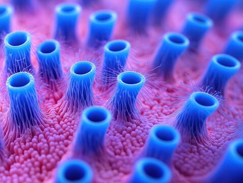 Microscopic field of blue hollow tubular pillars with fine hair-like cilia rising from a bumpy pink organic surface, vibrant, otherworldly and mesmerizing