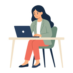 Young woman working on laptop vector illustration