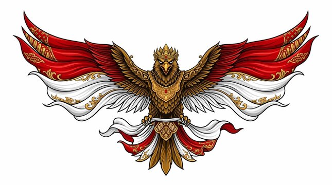 Indonesian Garuda Emblem with Red and White Wings Illustration.