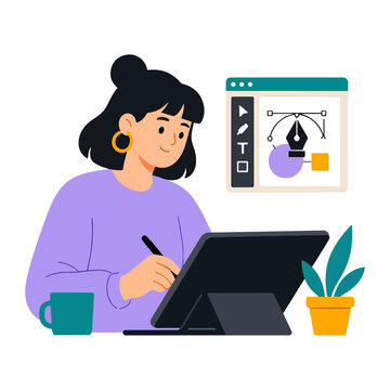 Young woman graphic designer working on tablet vector illustration