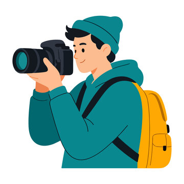 Young man photographer taking picture with camera vector illustration
