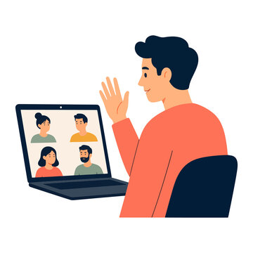 Young man attending video conference call vector illustration