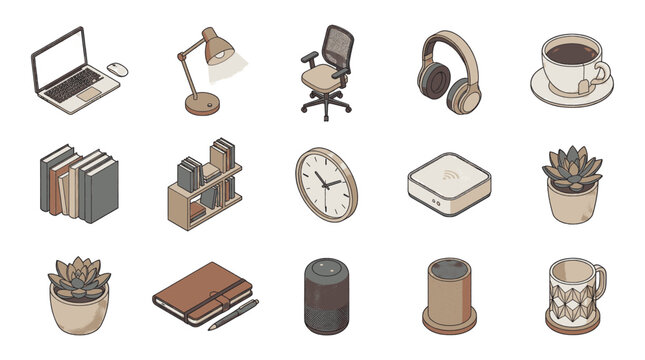 Flat lay collection of office and workspace essentials on light background.
