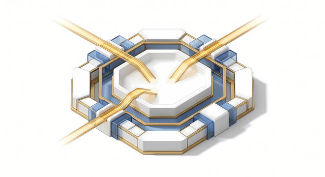 API Ingestion Lake, 3D Isometric Central Gateway Repository Node with Parallel Gold Vector Streams.
