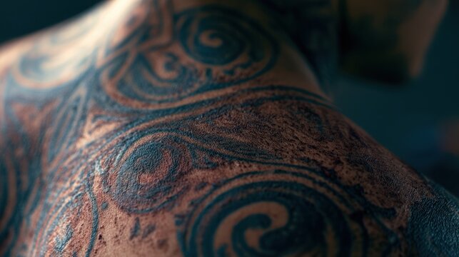 Intricate Tattoo Artistry: A close-up view reveals the detailed swirling patterns of a tribal-inspired tattoo adorning a person's shoulder and neck, showcasing the artistry and permanence of body ink.