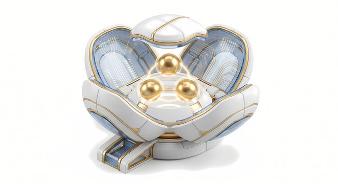 SaaS Subscription Lifecycle, 3D Isometric License Management Pod Structure with Floating Gold Spheres.