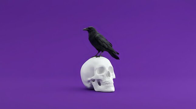 Black crow perched on white skull against vibrant purple background, symbolizing mortality, darkness, and gothic themes for creative design projects.