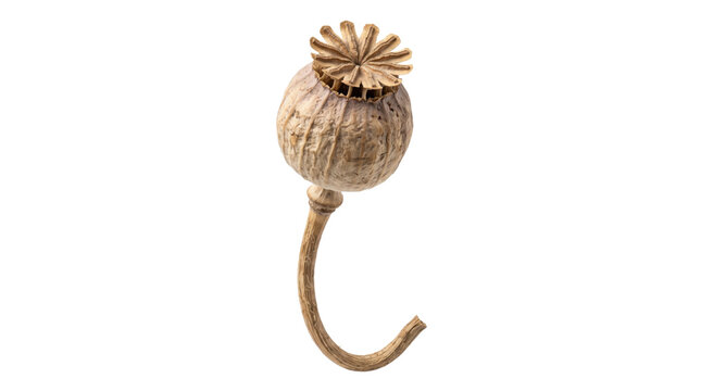 Dried poppy seed pod on white background, organic brown botanical capsule with stem, rustic papaver somniferum plant element for floral design