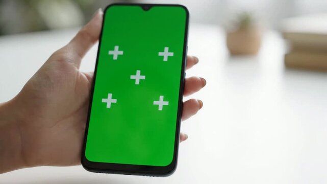 Person using smartphone with green screen chroma key display for app ui mockup and digital integration png. ai generated