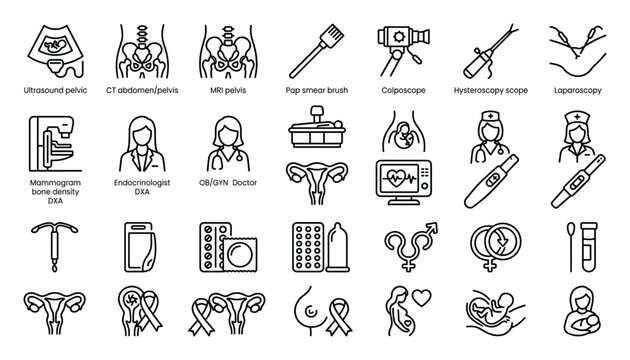 Gynecology and obstetrics line icons for medical female healthcare