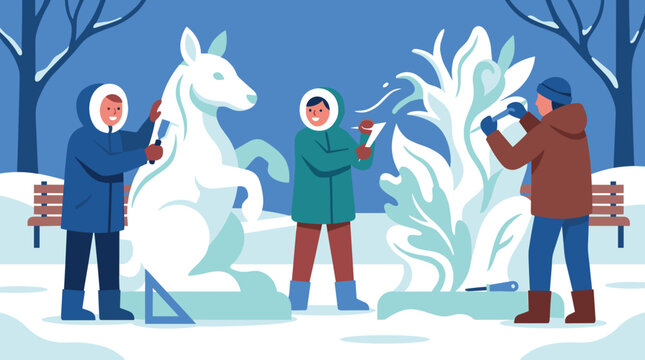 People carving ice sculptures of a horse and abstract shapes in a snowy park during winter