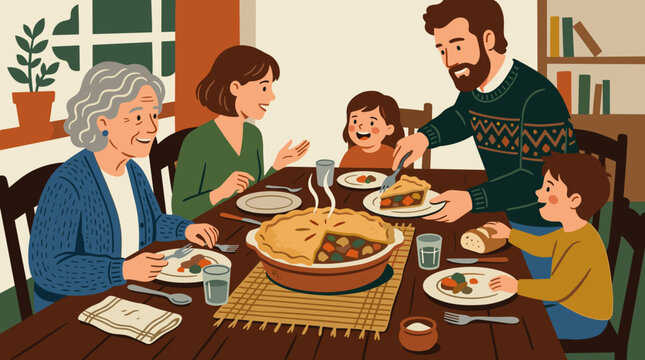 Multi-generational family enjoying a festive holiday meal together around a dining table, sharing a savory pie