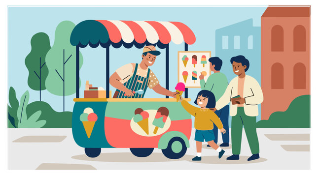Friendly ice cream vendor serves a child a colorful cone from a vibrant street cart on a sunny day