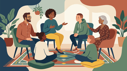 Fototapeta premium Diverse group of people in a circle sharing and supporting each other in a cozy room with plants