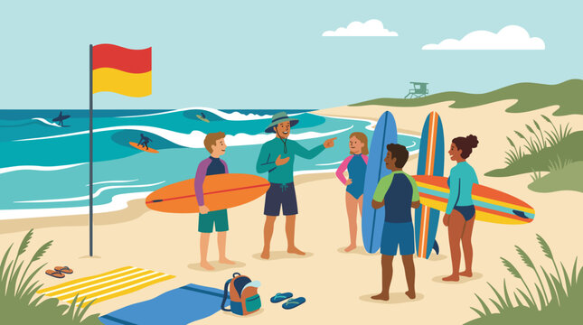 Surf instructor teaching children about ocean safety and surfing on a sunny beach with waves and surfboards