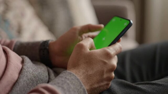 Man using smartphone with green screen chroma key display for mobile app mockup and digital marketing creation png. ai generated