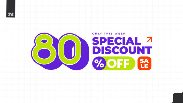 80% Off Special Discount Sale Banner with Bold Typography, Purple and Lime Green Promotional Template, Weekly Deal Limited Time Offer Vector