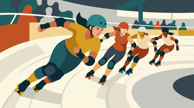 Diverse group of women athletes competing in a fast paced roller derby race on an indoor track with spectators watching from the stands