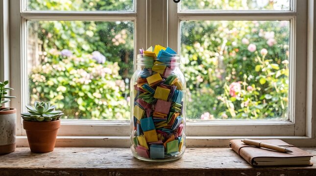 Jar filled with colorful folded paper notes sits on a wooden windowsill with a garden view