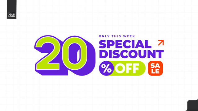 20% Off Special Discount Sale Banner with Bold Typography, Purple and Lime Green Promotional Template, Weekly Deal Limited Time Offer Vector